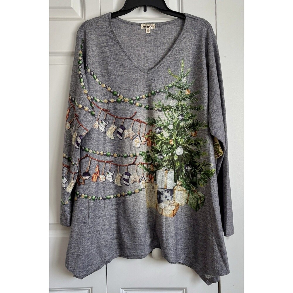 ONE WORID WOMENS TOP KINT GREY CHRISTMAS PULLON V-NECK SHARK BITE HEMLINE SZ 3X